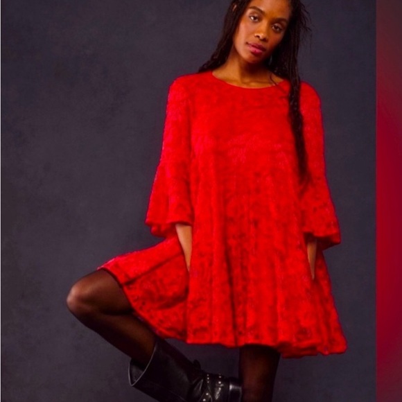 ❤️ NWT Free People LE FLEUR Floral Lace Babydoll Swing Mini Dress in Red. NWT. M - Picture 2 of 11